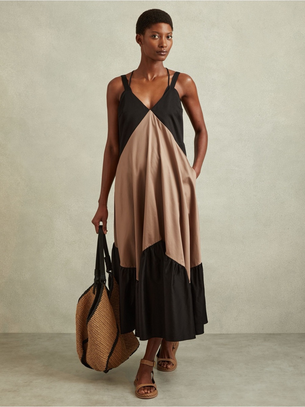 Reiss Natalie Cotton Colourblock Flounced Midi Dress in Brown/Black Size 8